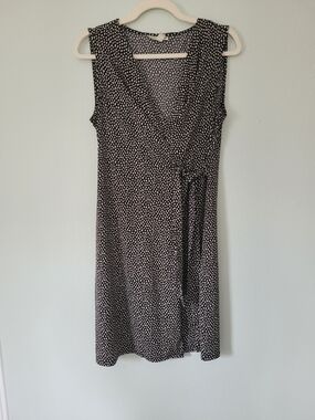 Polka Dot Wrap-Style Midi Dress in Brown and Cream - Dana Buchman - Size Medium